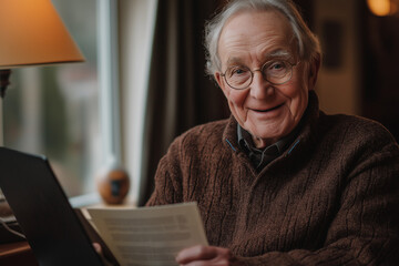 Smiling Elderly White Man Reading Documents At Home: Cheerful Senior With Glasses Sitting By A Laptop At A Cozy Desk Holding Papers And Looking At The Camera In A Warm Indoor Setting