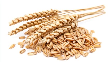 Three wheat stalks with grains on a white background.