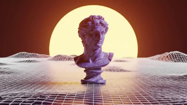 Classical bust sculpture in a futuristic, gridded landscape, bathed in warm sunset light.