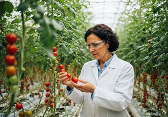 Woman scientist examining ripe red tomatoes in a greenhouse image