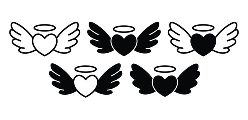 Heart With Wings Icons Set Black And White Color Vector Design Illustration