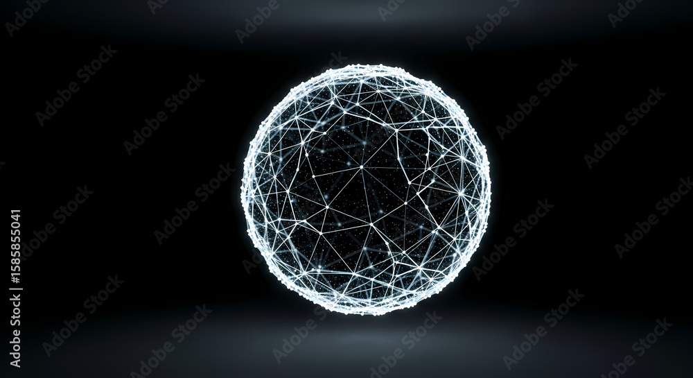 Poster abstract network of interconnected nodes, glowing brightly in a dark blue space, resembling a comple
