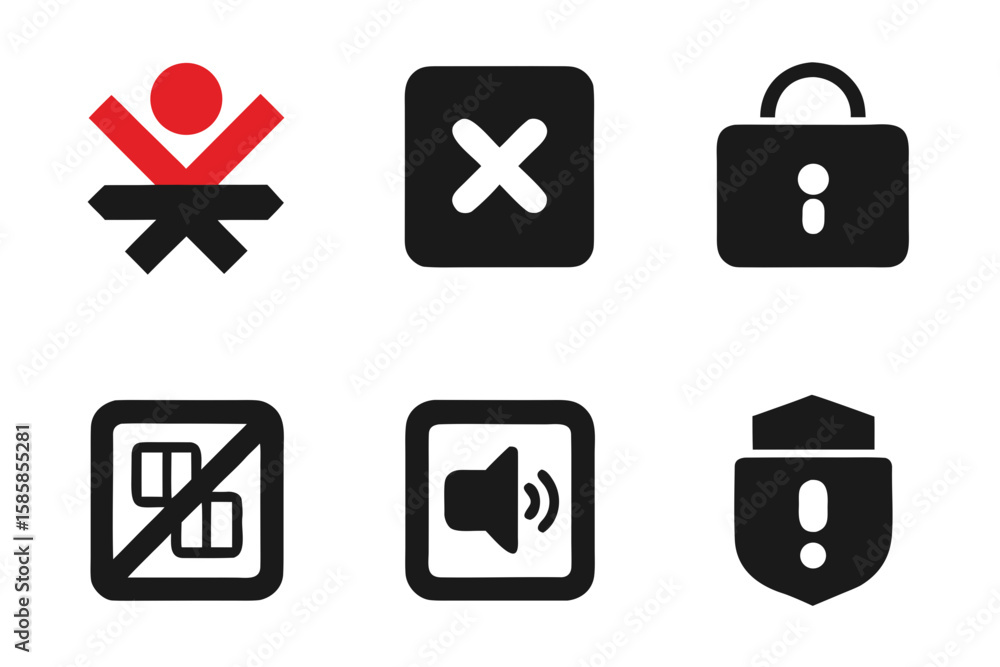 Poster a collection of six distinct icons representing various concepts such as safety security restriction