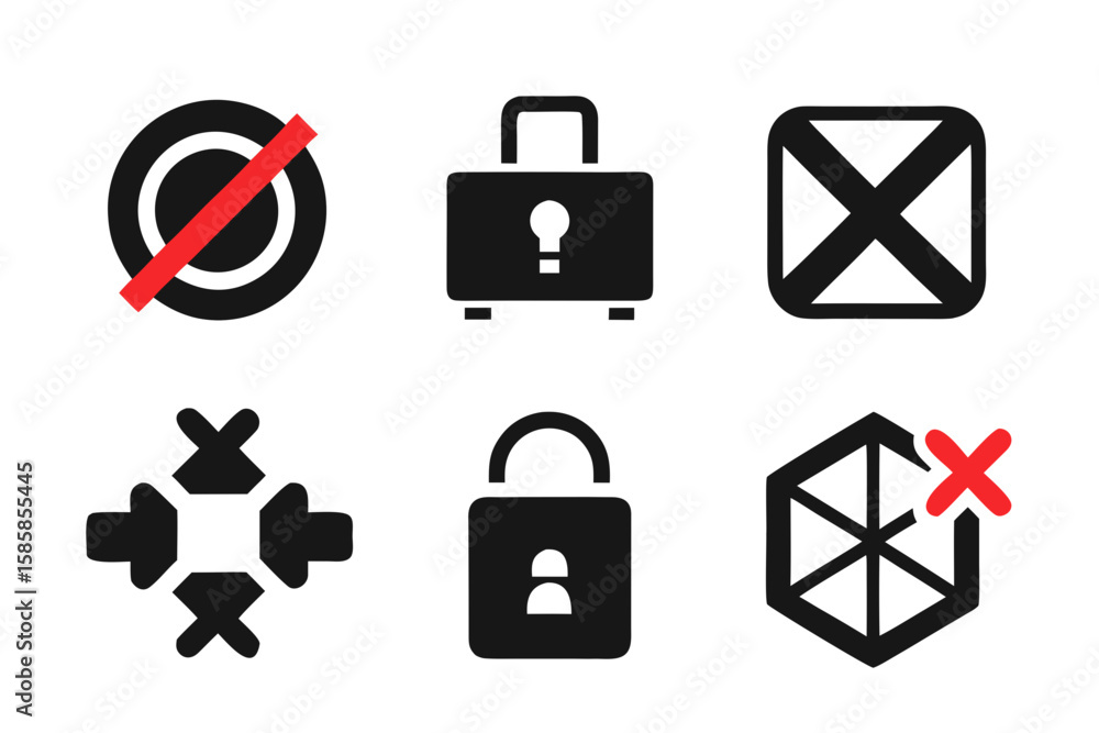 Poster set of security and restriction icons in black and red including padlocks prohibited symbols and cro