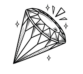 Sparkling Diamond Gemstone Hand Drawn Illustration Black White