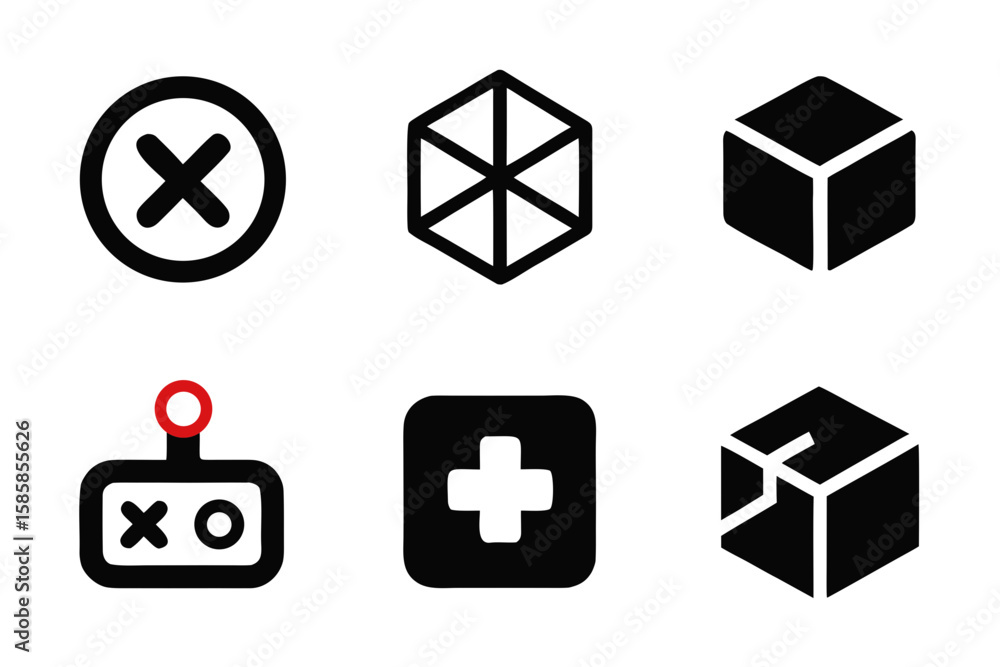 Poster set of six different black and white icons including a cross in a circle two different cubes a plus 