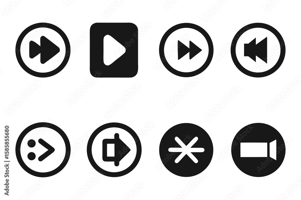 Poster collection of simple black media player control icons including play fast forward rewind next and ca