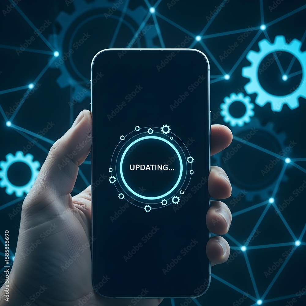 Poster a smartphone displays an updating process with integrated technology and network connections visuali