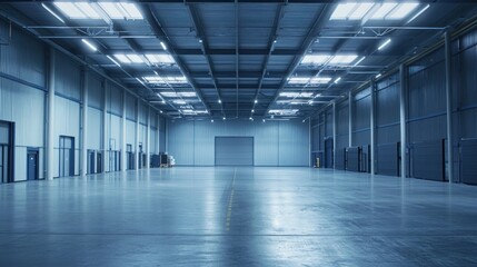 A large, empty warehouse with high ceilings and industrial lighting. The space is devoid of any objects or people, creating a stark, industrial atmosphere.