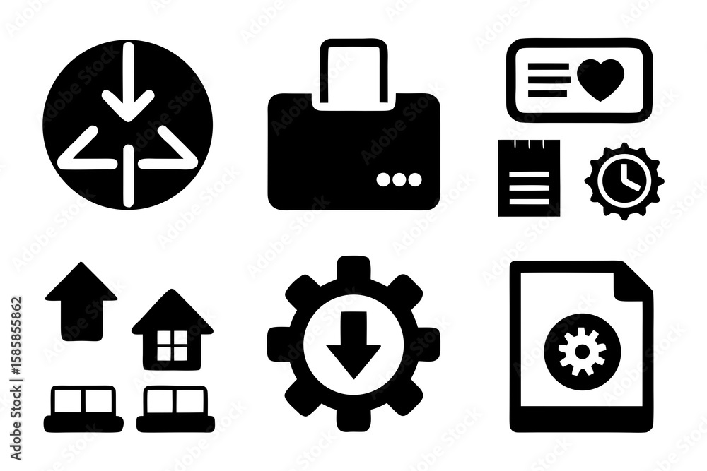  collection of black and white pictograms representing various functions and concepts including downl