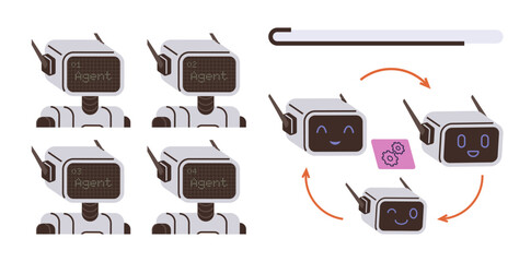 Group of robots with progress bar and workflow arrows illustrates adaptive AI. Ideal for technology, innovation, machine learning, automation, process improvement, teamwork, and future concepts
