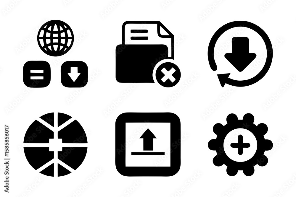 Fototapete Set of six different black icons representing internet download file deletion refresh data analysis upload and settings on a white background for web design use