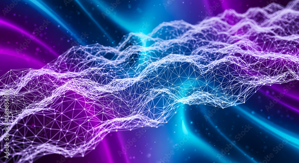 Poster abstract digital mesh structure with glowing nodes and lines, set against a vibrant blue and purple 