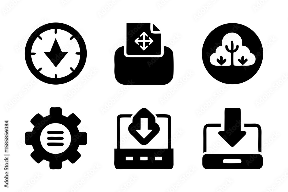 Poster set of black glyph icons representing navigation printing data management settings and downloading o