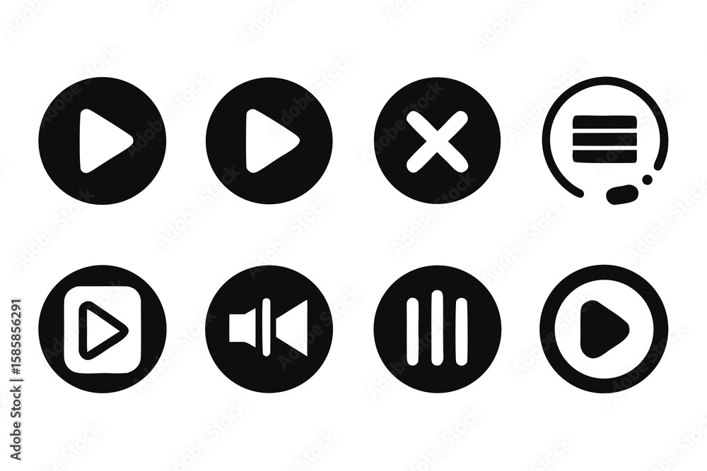 Poster set of media player control icons in black and white including play pause stop volume and menu optio