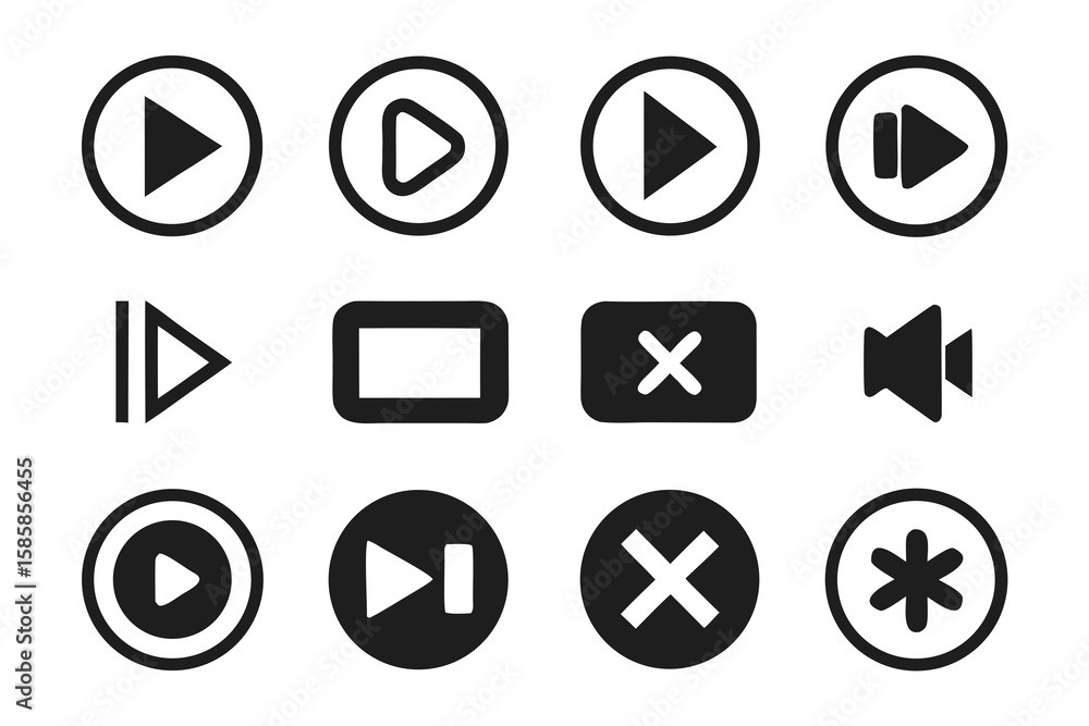Poster collection of black and white media player icons including play pause stop volume fast forward and c