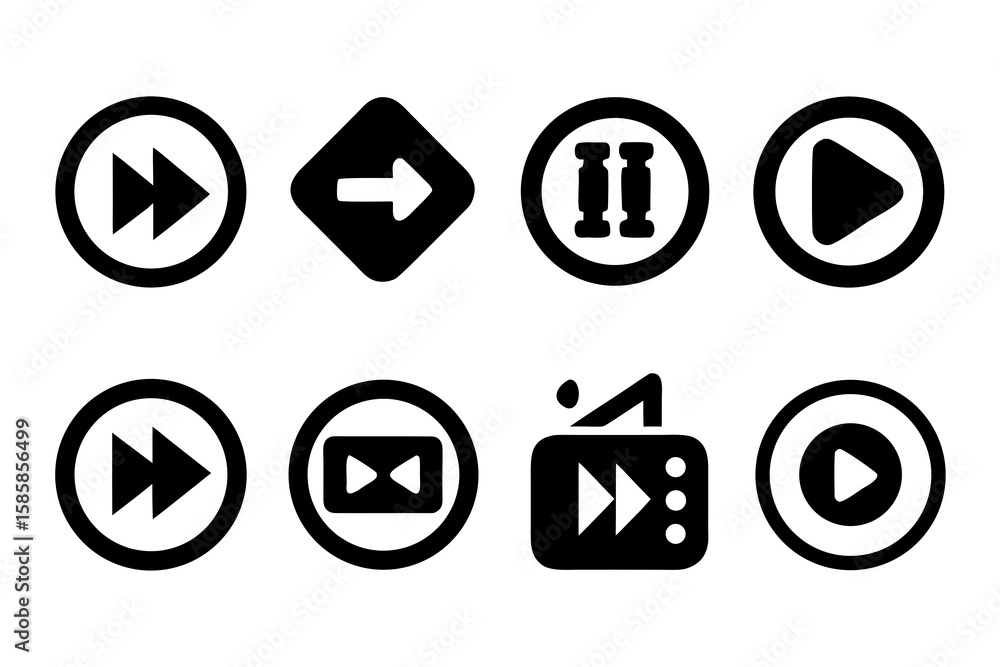 Poster collection of media player control icons in black including play pause fast forward and directional 
