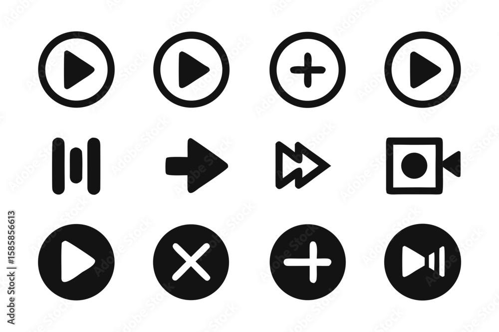 Poster collection of black and white media player icons on a white background including play pause forward 