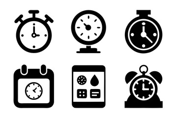 Collection of black and white icons representing time management including stopwatches clocks calendars and a smartphone with app icons isolated on a white background