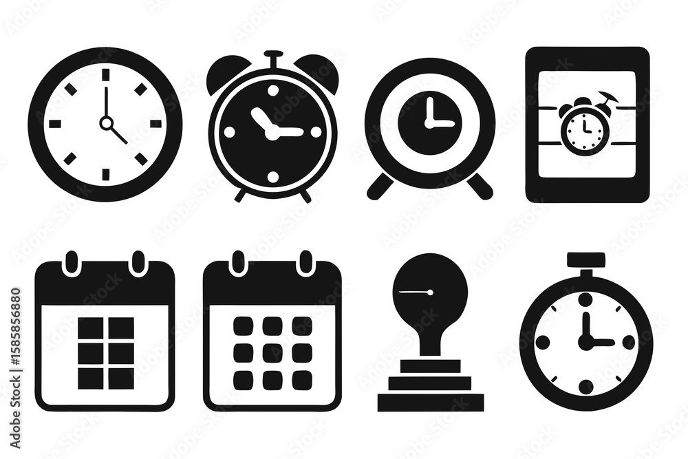 Poster collection of black and white time management icons featuring clocks calendars and a timer isolated 