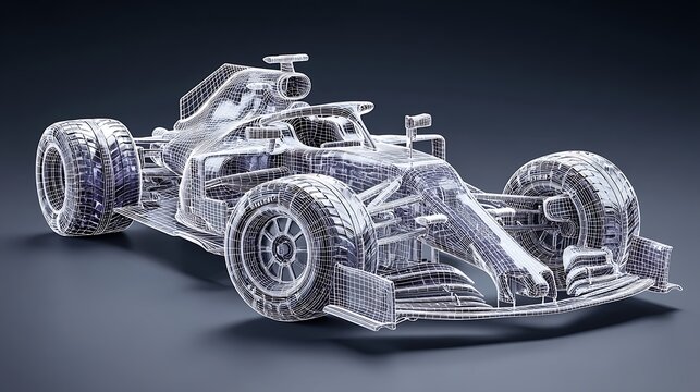 A detailed wireframe model of a Formula 1 car, showcasing its futuristic design with intricate details and a clean digital aesthetic.