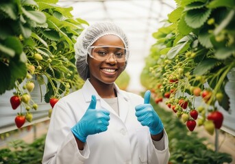 Young woman in white lab coat and blue gloves gives thumbs up in strawberry greenhouse african