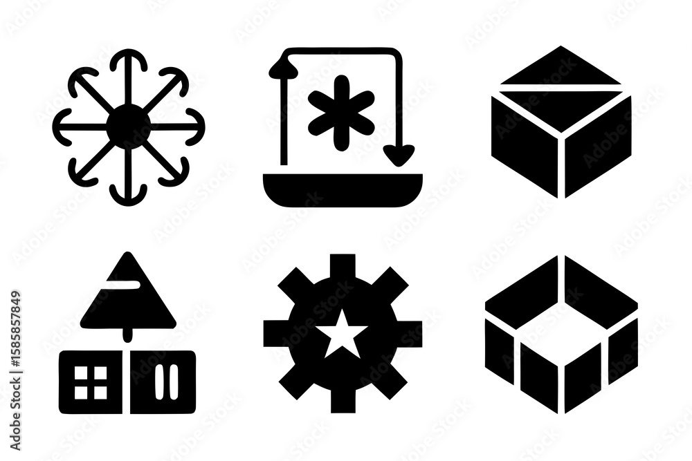 Poster collection of abstract black and white icons representing various concepts such as distribution cool