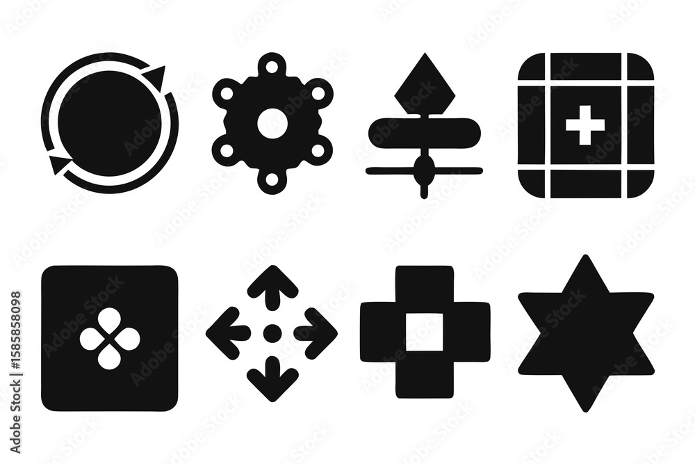 Poster collection of abstract geometric icons in black and white featuring shapes like circles arrows squar