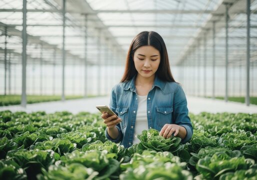 Young woman with long dark hair in denim shirt uses smartphone in greenhouse asian - Powered by Adobe