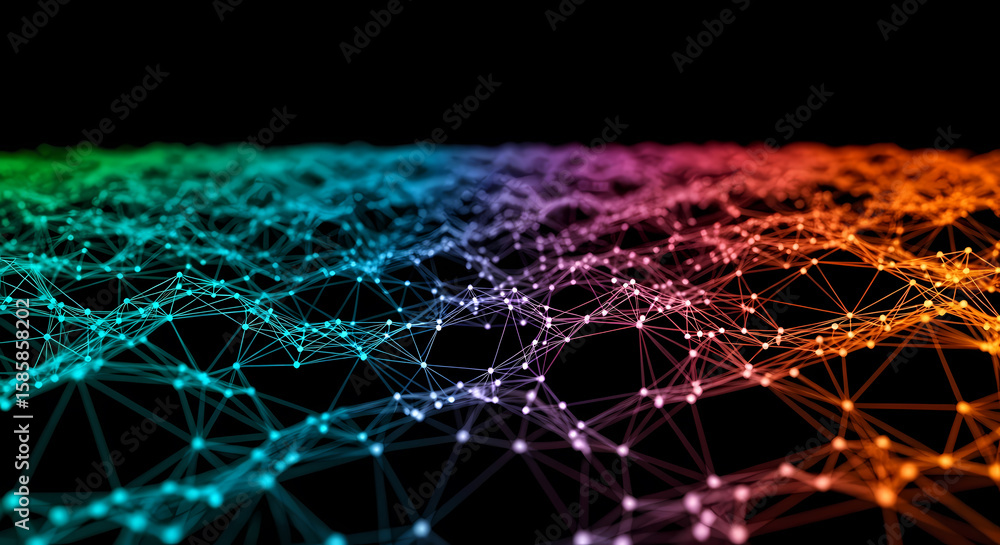 Poster abstract representation of a network, with interconnected nodes and glowing connections.