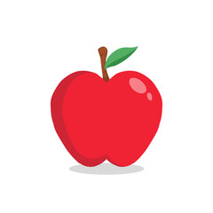Red Apple with Green Leaf Flat Vector Fruit Illustration on White Background