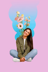 3d poster image vertical pop art collage of happy girl guy sit yoga pose spring leaves flower bloom ethereal florist holiday