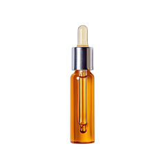 Amber liquid in a clear glass bottle with a silver-capped dropper