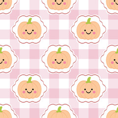 cute pumpkins seamless pattern for halloween pink gingham background