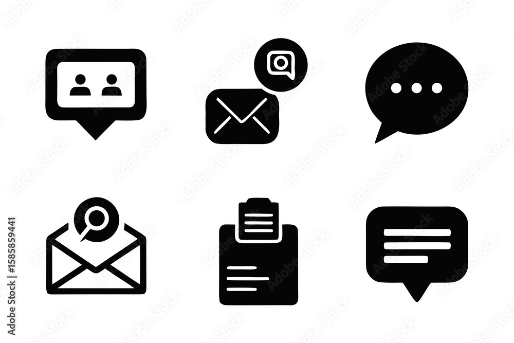 Poster collection of communication and information icons in black silhouette including chat bubbles email n