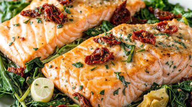 Delicious roasted salmon fillets with spinach, sundried tomatoes, artichoke hearts, and lemon.