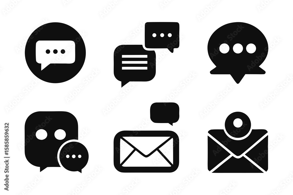 Poster Set of Black and White Message and Email Icons Representing Communication Notifications and Online Interaction for Web Design and Mobile Applications in a Minimalist Style