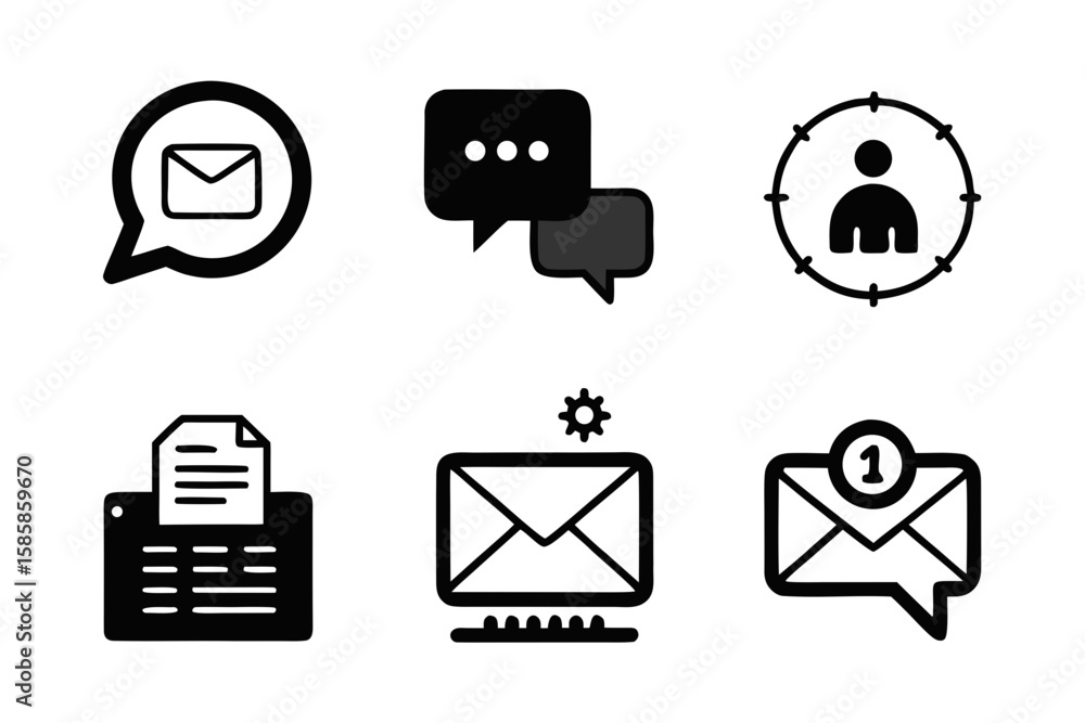 Poster collection of business and communication icons in black and white featuring email chat target audien