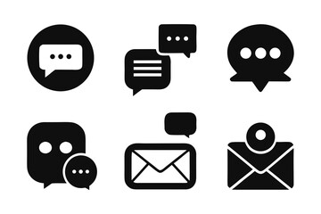 Set of Black and White Message and Email Icons Representing Communication Notifications and Online Interaction for Web Design and Mobile Applications in a Minimalist Style