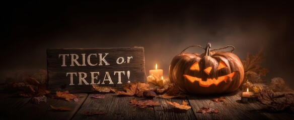 The glowing pumpkin and sign celebrating Halloween's festive spirit.