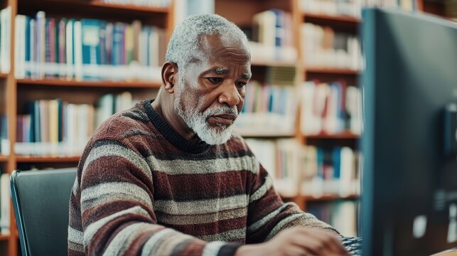 A man sitting at a computer in a library