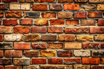 Close up of a rustic brick wall showcasing earthy tones and natural textures. The aged surface features varying shades of brown and red, providing a warm
