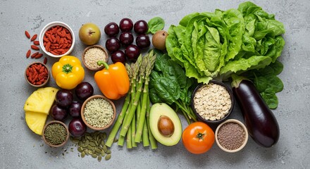 Fresh Variety of Produce Healthy Eating Concept on Concrete, Superfood , Vegan