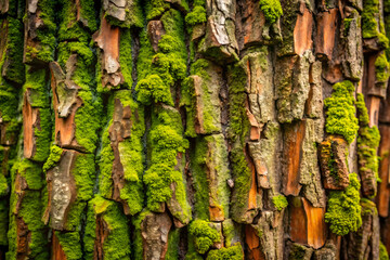 Close up view of a textured tree bark background, showcasing intricate patterns and natural hues with subtle green moss details, offering an earthy, organic aesthetic