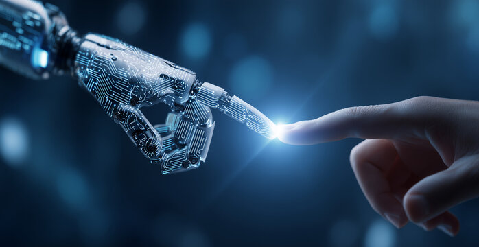 A human hand and robot finger touch on the background of digital technology, with an AI interface in between them displaying "AI " text - Powered by Adobe