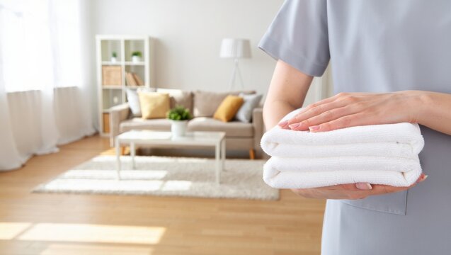 A person in a gray uniform holding neatly stacked white towels in a bright living room setting