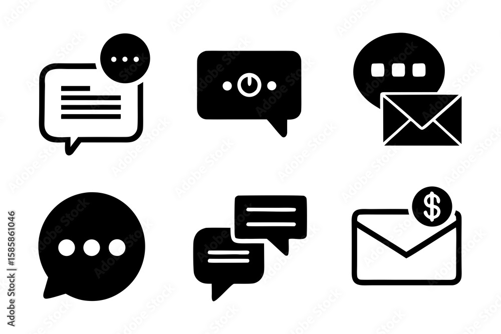 Poster set of communication icons in black silhouette including chat bubbles email and notifications repres