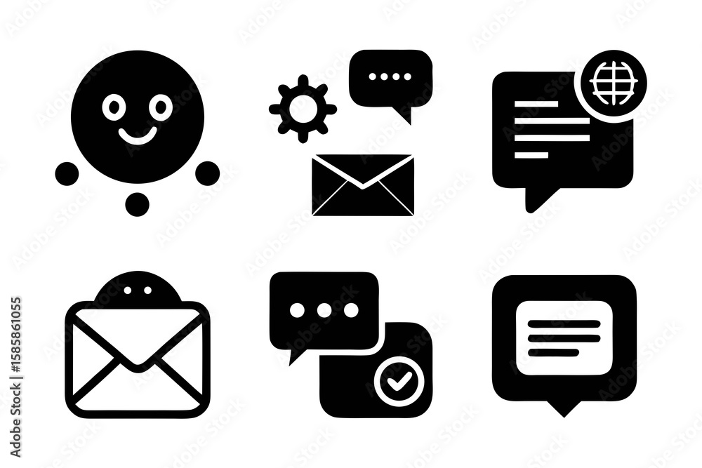 Poster set of communication icons in black and white including email chat settings and global notifications