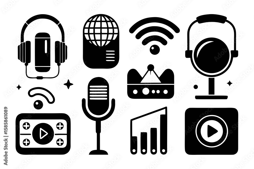 Poster black and white icon set for podcast streaming and online content creation featuring headphones micr