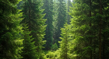 Lush Green Canopy Sunlit Pine Trees in a Dense Forest, Evergreen, Nature